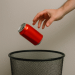 Soda can getting tossed into a trash can.