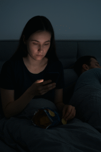 Woman sitting in the dark with face lit by the glow of a phone in her hands.