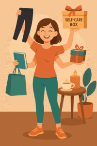 Cartoon mother with multiple arms balancing clothes, presents, books, and a purse.
