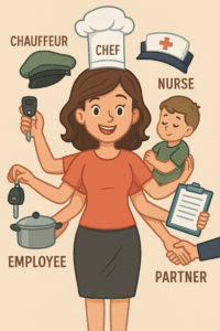 Cartoon character of mother with multiple arms balancing hats, keys, notes, and kids