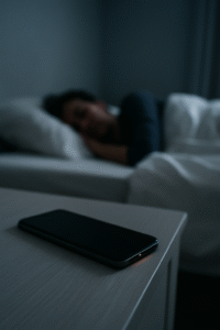 Woman sleeping in bed with phone sitting on dresser face-down