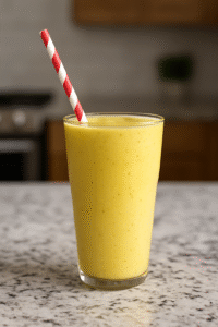 Illustration of a pineapple mango protein smoothie on a kitchen counter with a red stripe straw