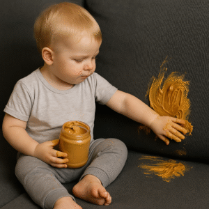 Toddler sitting on a couch smearing peanut button on the couch.